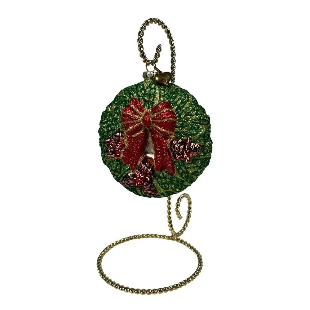 Valerie Parr Hill Hanging Wreath Christmas Glass Ornament w/Gold Metal Stand